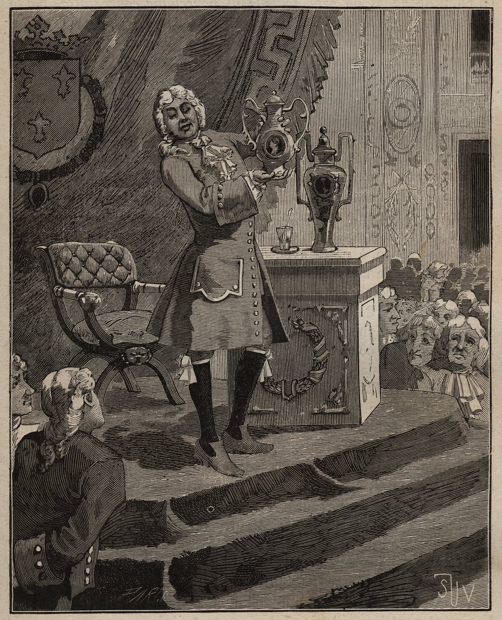 Töpferei: Pierre Joseph Macquer (1718-1784) präsentiert der Akademie das erste harte Porzellan, das 1769 von der Sevres-Fabrik in Frankreich hergestellt wurde. Gravur von 1885 in „Les arts et métiers illustrés“ von Adolphe Bitard. von Unknown artist