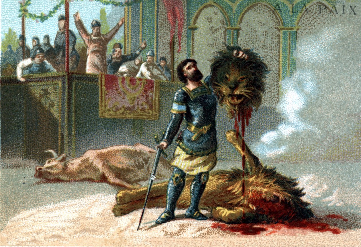 Pépin der Kurze (715-768), König der Franken, kämpft gegen einen Löwen und einen Stier während der Feste zu seiner Krönung im Jahr 751. von Unknown artist
