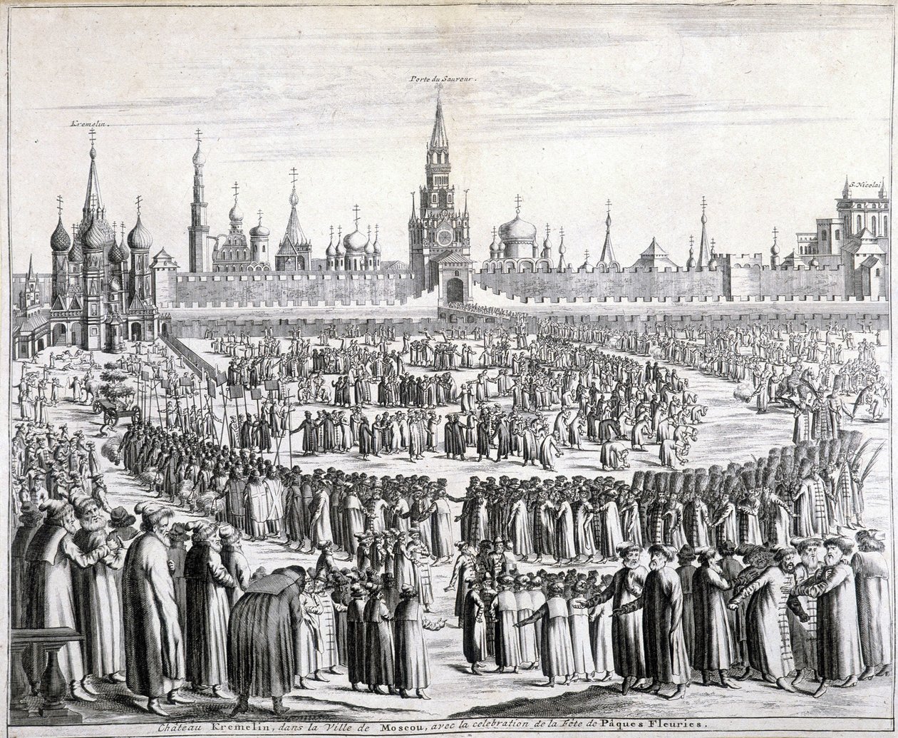 Prozession der Osterblumen vor dem Heiligen Erlösertor und dem Kreml in Moskau. Gravur aus dem 19. Jahrhundert von Unknown artist
