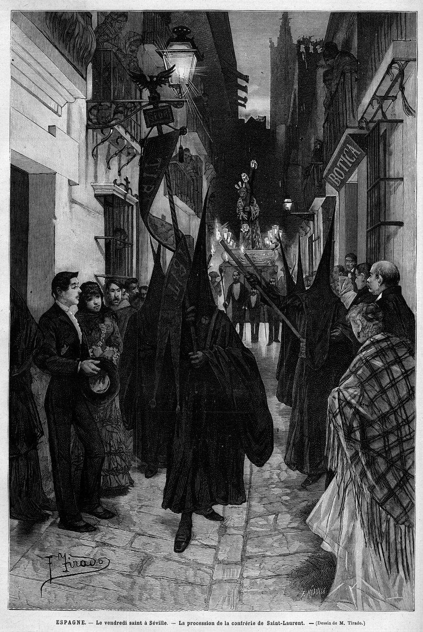 Prozession der Bruderschaft von San Lorenzo (St. Lorenz) in Sevilla (Spanien) am Karfreitag. Gravur in Le Monde Illustré 1883. Private Sammlung von Unknown artist