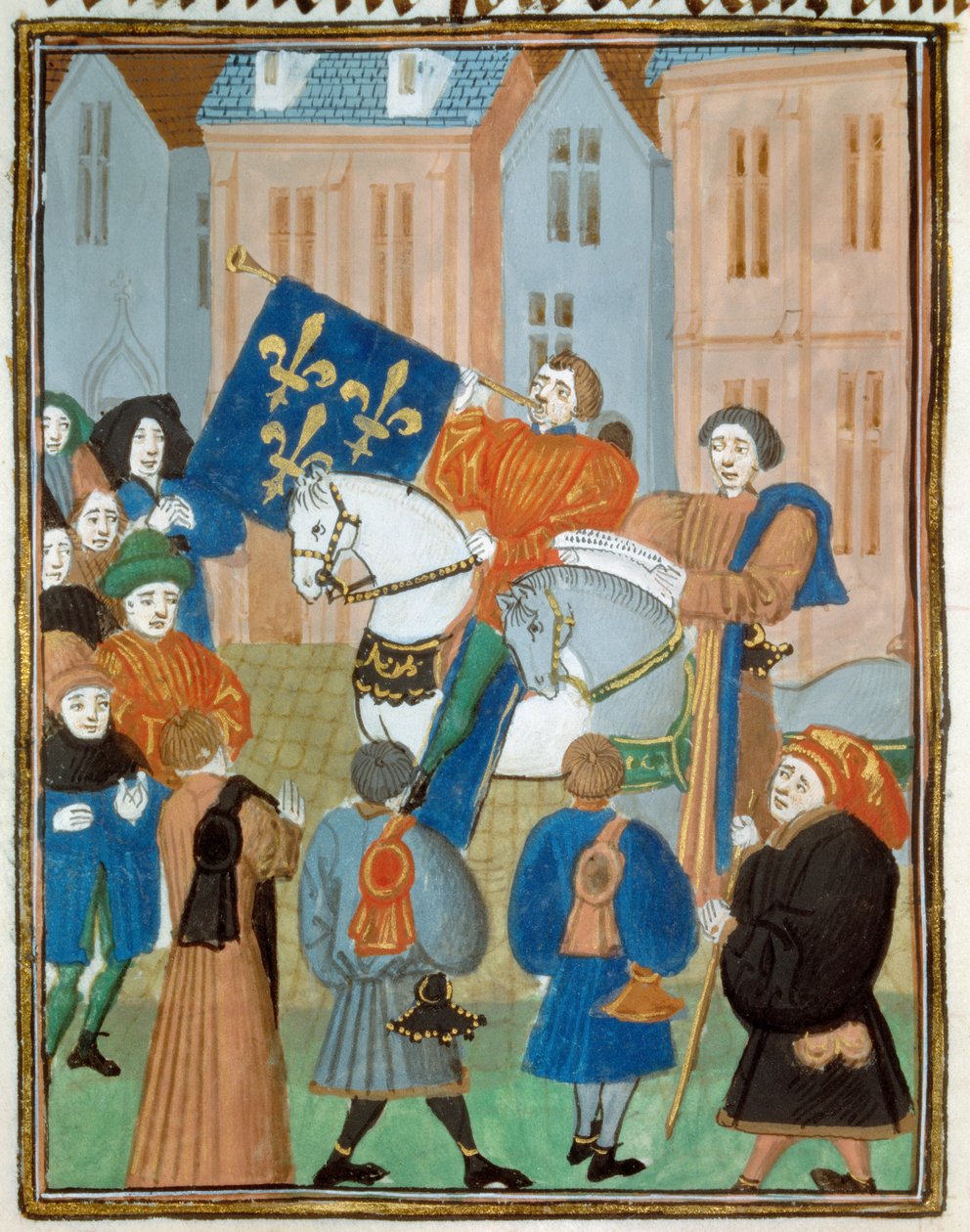 Proklamation des Friedens in Reims am 2. Oktober 1435 nach der Unterzeichnung des Vertrags von Arras zwischen König Karl VII. und dem Herzog von Burgund Philipp III. dem Guten, der den Bürgerkrieg zwischen den Armagnacs und den Burgundern beendete. Miniatu von Unknown artist