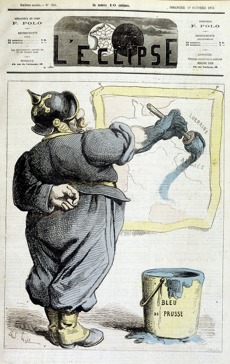 Preußischer Soldat zeichnet die Grenzen von Elsass-Lothringen nach dem Blau von Preußen (Bezug auf die Annexion der Region durch den Krieg von 1870) - in „L