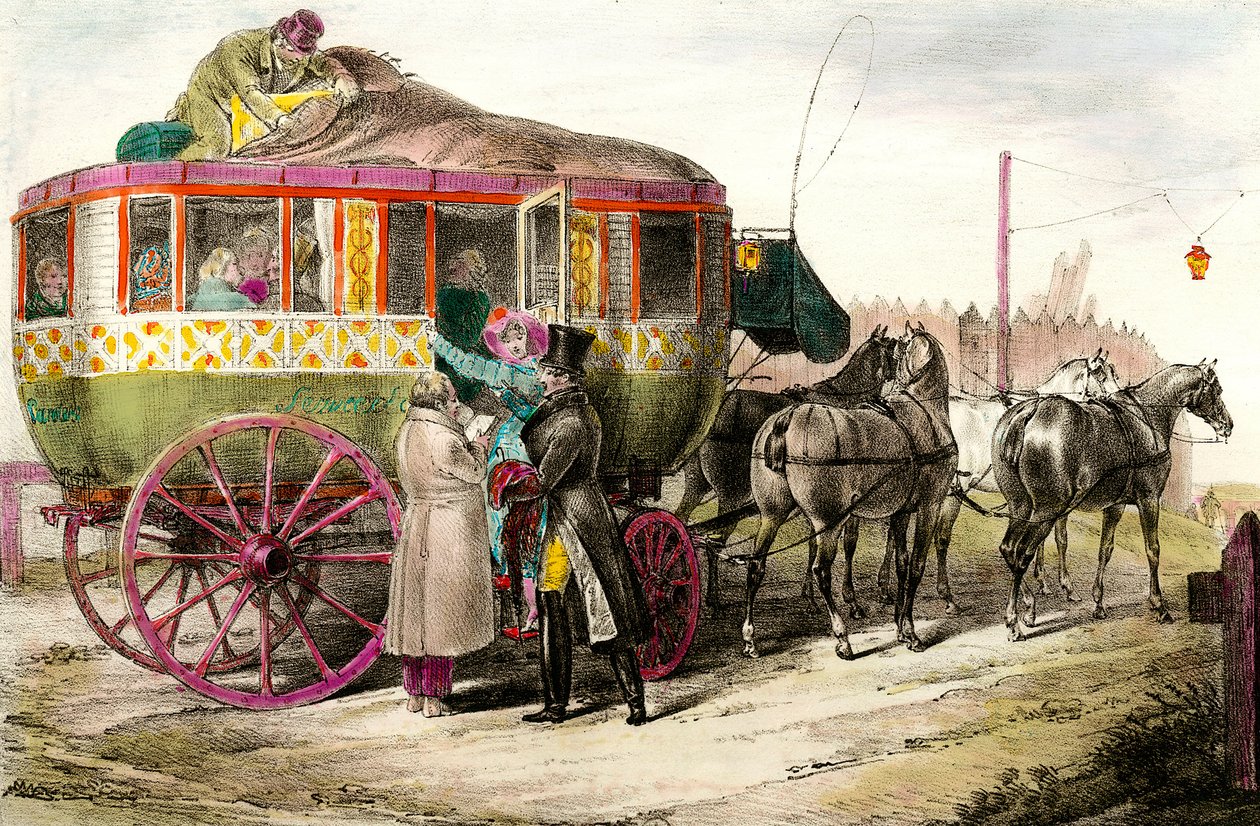 Öffentliche Verkehrsmittel: Passagiere betreten die Parisienne Diligence. Gravur des 19. Jahrhunderts Private Sammlung von Unknown artist