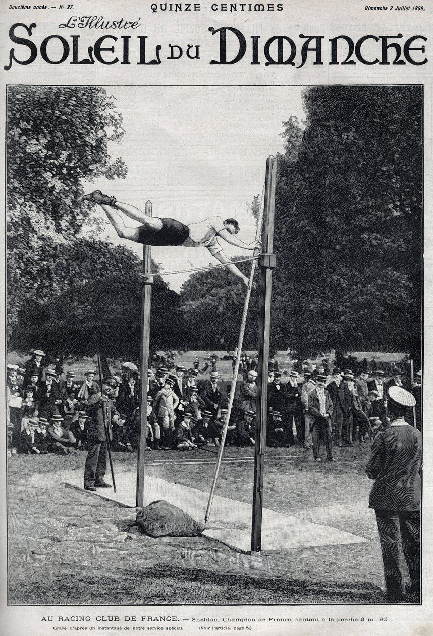 Racing Club von Frankreich. Sheldon, französischer Meister, springt 2,95 m im Stabhochsprung. Gravur in „Le sun-du-dimanche“, 2. Juli von Unknown artist