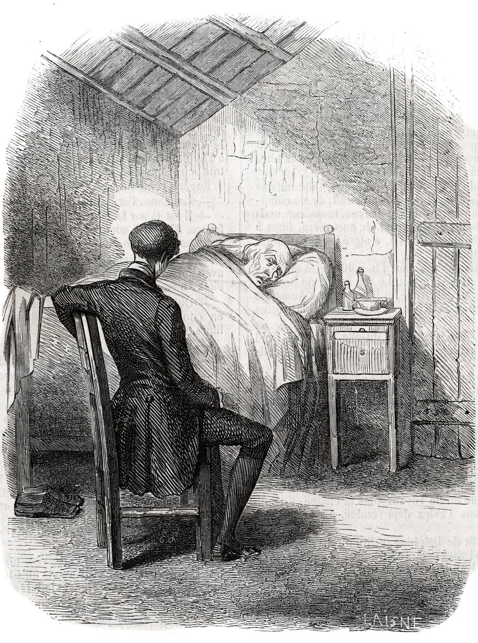 Rastignac blieb allein beim alten Mann, der am Fuß des Bettes saß... Gravur Mitte des 19. Jahrhunderts. Illustration für „Vater Goriot“ von Honoré de Balzac (1799-1850). von Unknown artist