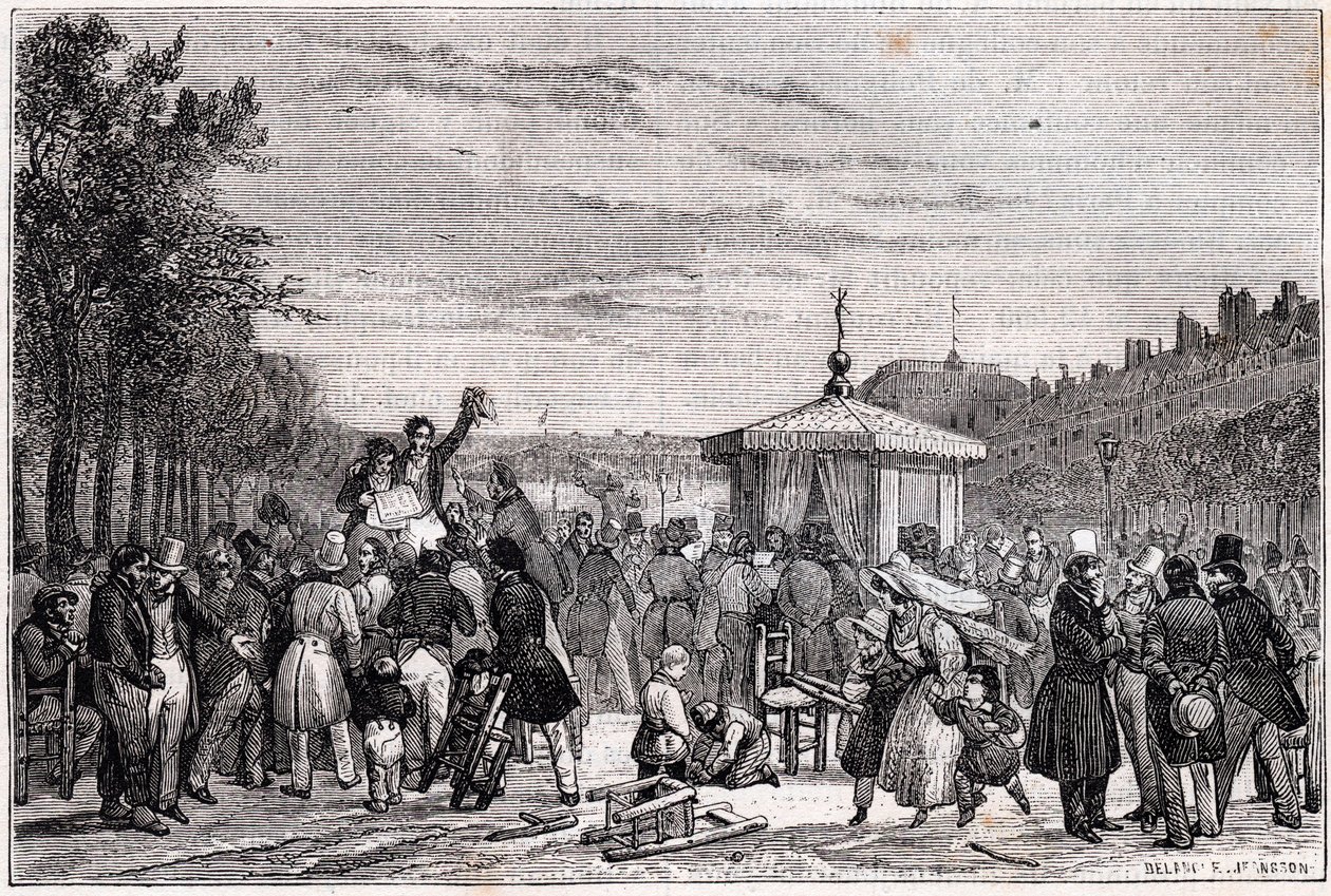 Verlesung der Urteile, die in der Zeitung Moniteur in den Gärten des Königspalastes in Paris am 26. Juli 1830 während des Bürgerkriegs veröffentlicht wurden - Revolution 1830 - Verlesung der Vorschriften im Moniteur, im Garten des Palais-Royal, am 26. Juli von Unknown