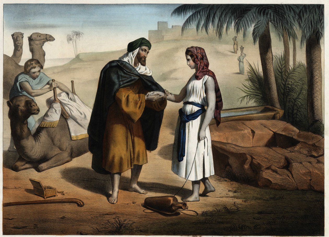 Rebecca und Eliezer am Brunnen: Eliezer von Damaskus, beauftragt, eine Frau für Isaak in Mesopotamien zu finden, bringt Rebecca zurück. Anonyme Gravur des 19. Jahrhunderts. von Unknown artist