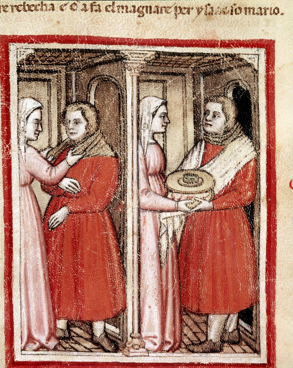 Rebekka gibt ihrem Sohn Jakob, der Esaus Kleidung trägt, einen Teller mit Ziegenfleisch, damit er es zu seinem blinden Vater Isaak bringt und seinen Segen anstelle von Esau erhält Miniatur aus Codex 212 (oder Padovano oder Bibel von Padua) 1390-1400 Rovigo von Unknown artist