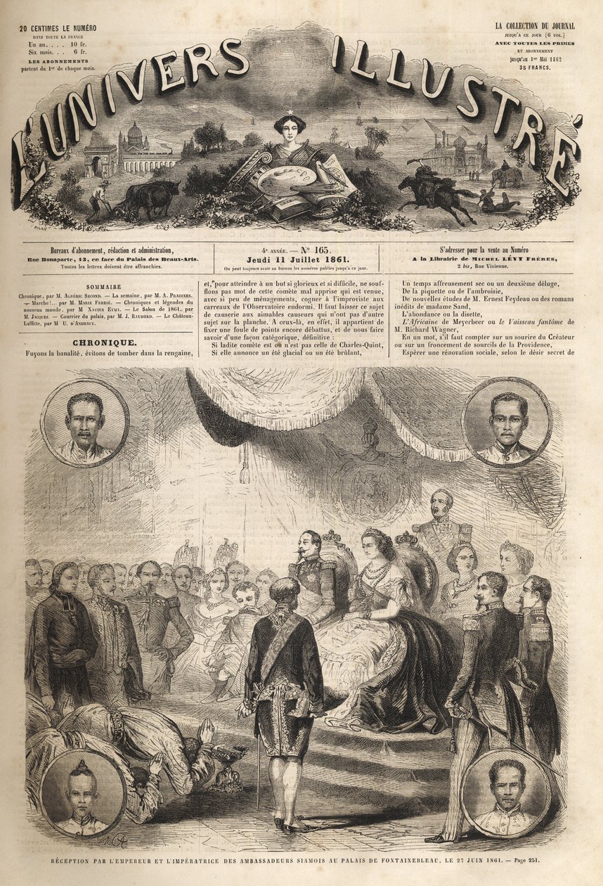 Empfang der siamesischen Botschafter durch Kaiser Napoleon III. und die Kaiserin Eugenie im Schloss Fontainebleau, 27. Juni 1861 - „Empfang der Botschafter von Siam durch Napoleon III. und die Kaiserin Eugenie“: Im großen Ballsaal Henri II. des Schlosses F von Unknown artist
