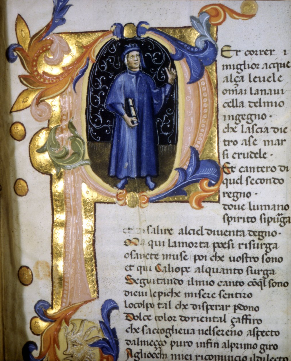 Darstellung des Dichters Dante Alighieri (1265 - 1321) in einer Initiale, Miniatur des 14. Jahrhunderts. von Unknown artist