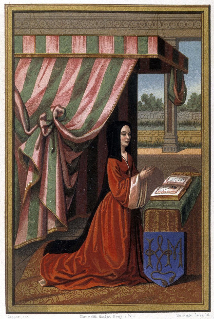 Darstellung von Anne de France, bekannt als Anne de Beaujeu (1461-1522) im Gebet. Sie ist die Tochter von Ludwig XI. und Charlotte von Savoyen. Chromolithographie nach einer Illumination. von Unknown artist