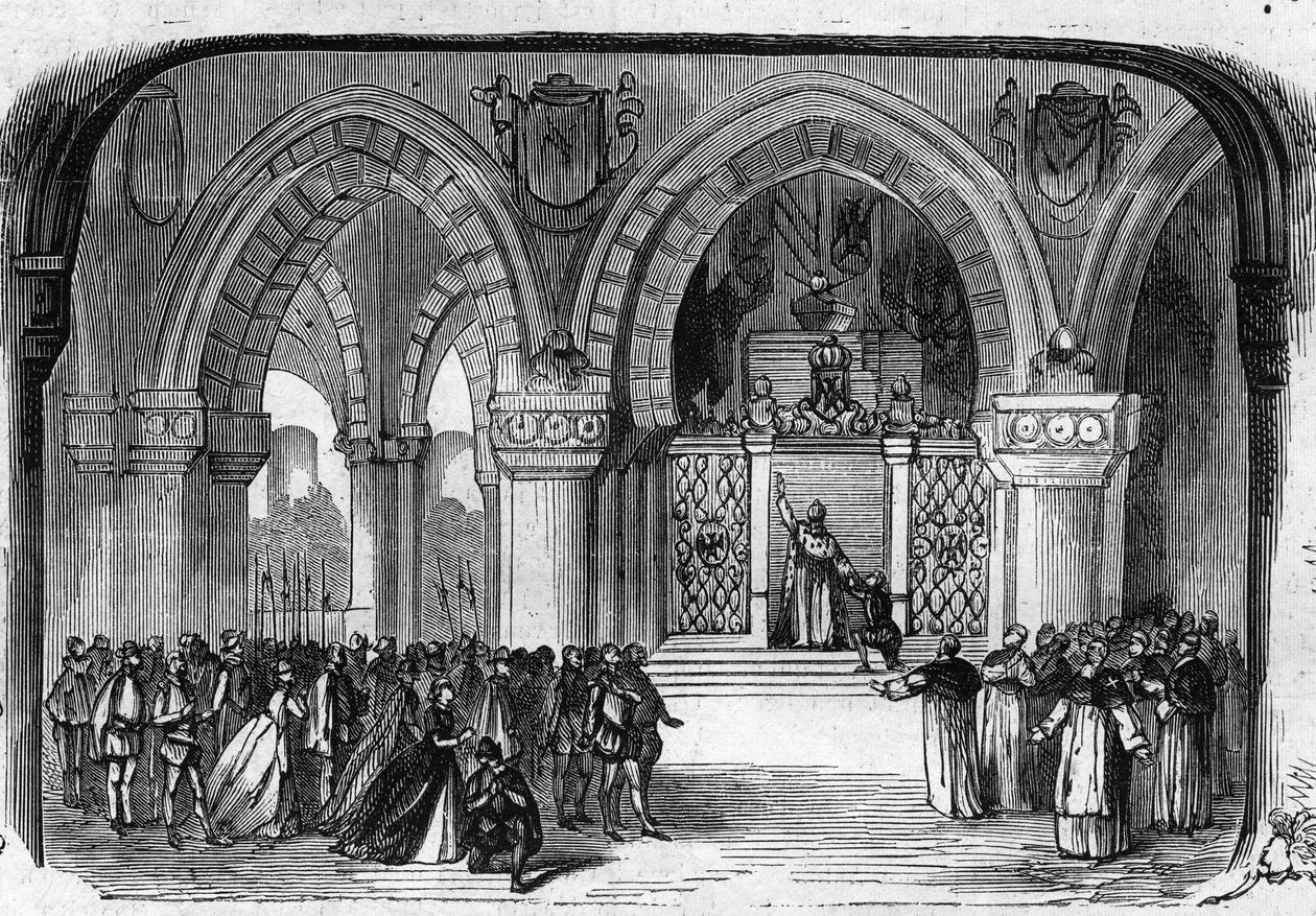 Darstellung von Don Carlo (Don Carlos) Oper in 5 Akten von Giuseppe Verdi an der Pariser Oper am 11. März 1867. Szene des 5. Akts: Kloster von St. Juste, Erscheinung von Karl V. Gravur von 1867. von Unknown artist