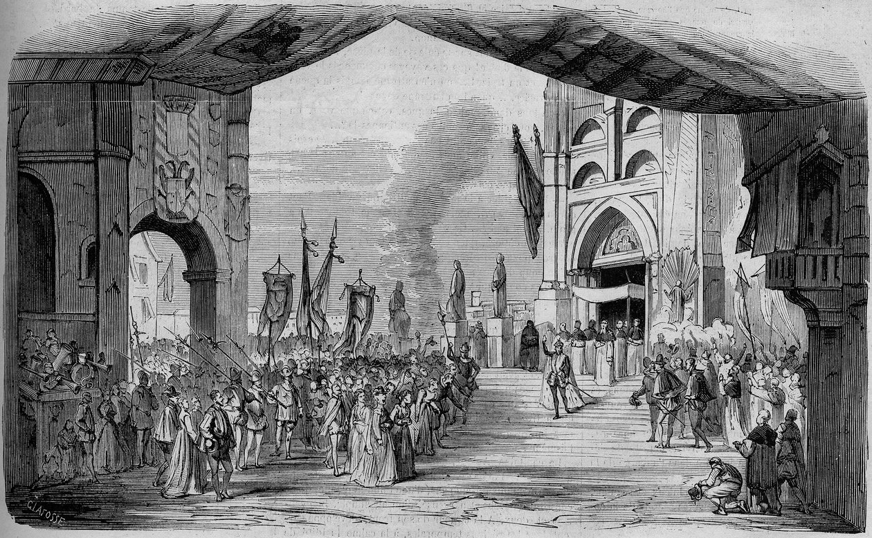 Aufführung von Don Carlo, Oper in 5 Akten von Giuseppe Verdi an der Pariser Oper am 11. März 1867. Der Autodafé, 3. Akt, Dekor von Cambon und Thierry. Gravur von 1867. von Unknown artist