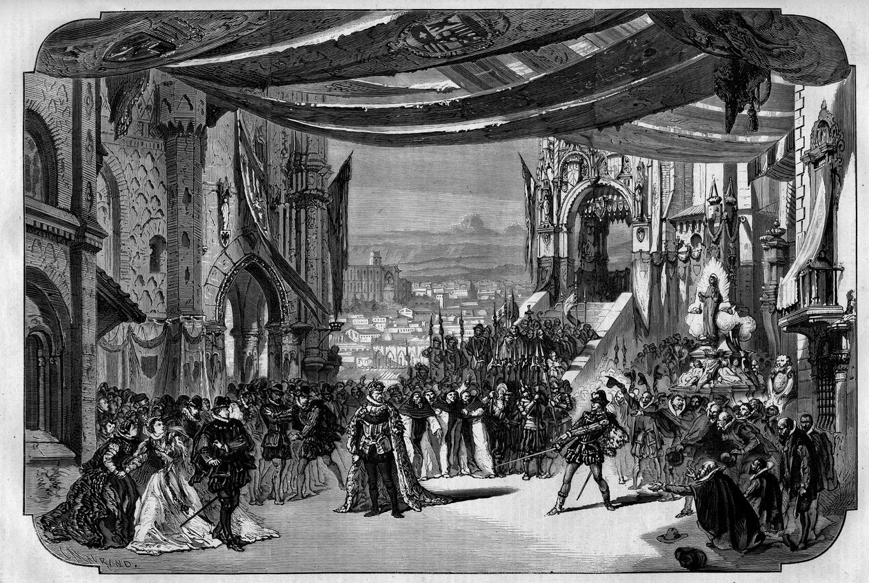 Aufführung von Don Carlo, Oper in 5 Akten von Giuseppe Verdi an der Pariser Oper am 11. März 1867. In Neuvilles Zeichnung der dritte Akt, viertes Bild, Szene IX. von Unknown artist