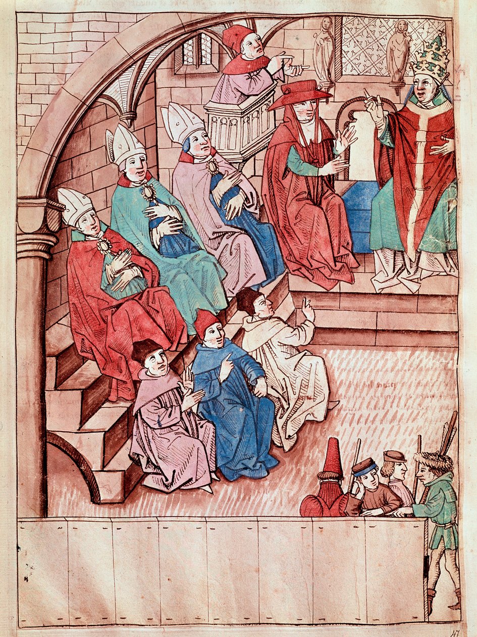 Darstellung des Konzils von Konstanz zwischen 1414 und 1418, oben Papst Martin V. Miniatur aus den Chroniken des Konzils von Konstanz von Ulrich Richental (1360-1437) um 1438 von Unknown artist