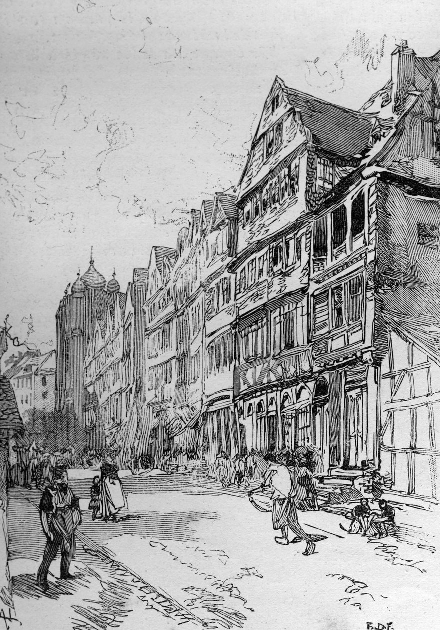 Darstellung der Judengasse in Frankfurt, Geburtsort der Familie Rothschild. Gravur in „Die Illustrierte Welt“. von Unknown artist