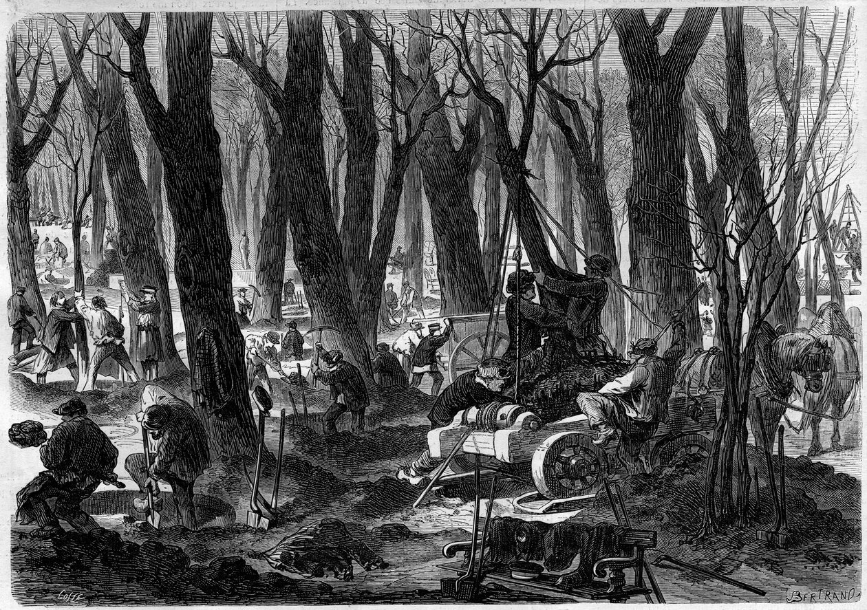 Restaurierungsarbeiten im Tuileriengarten in Paris. Gravur in „L