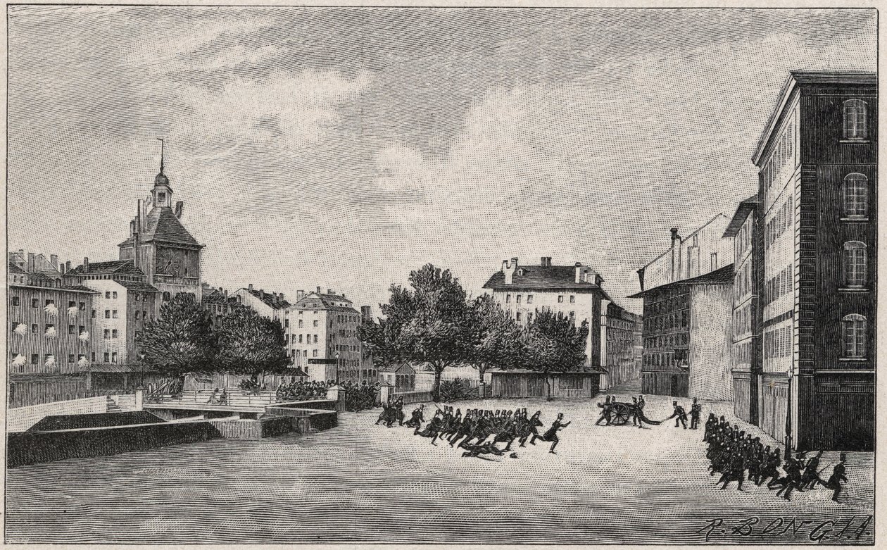 Revolution von Genf vom 7. bis 8. Oktober 1846 (Fazy-Revolution): Verteidigung von St. Gervais am 7. Oktober 1846 - Ansicht des Place de Bel Air und der Ponts-de-l