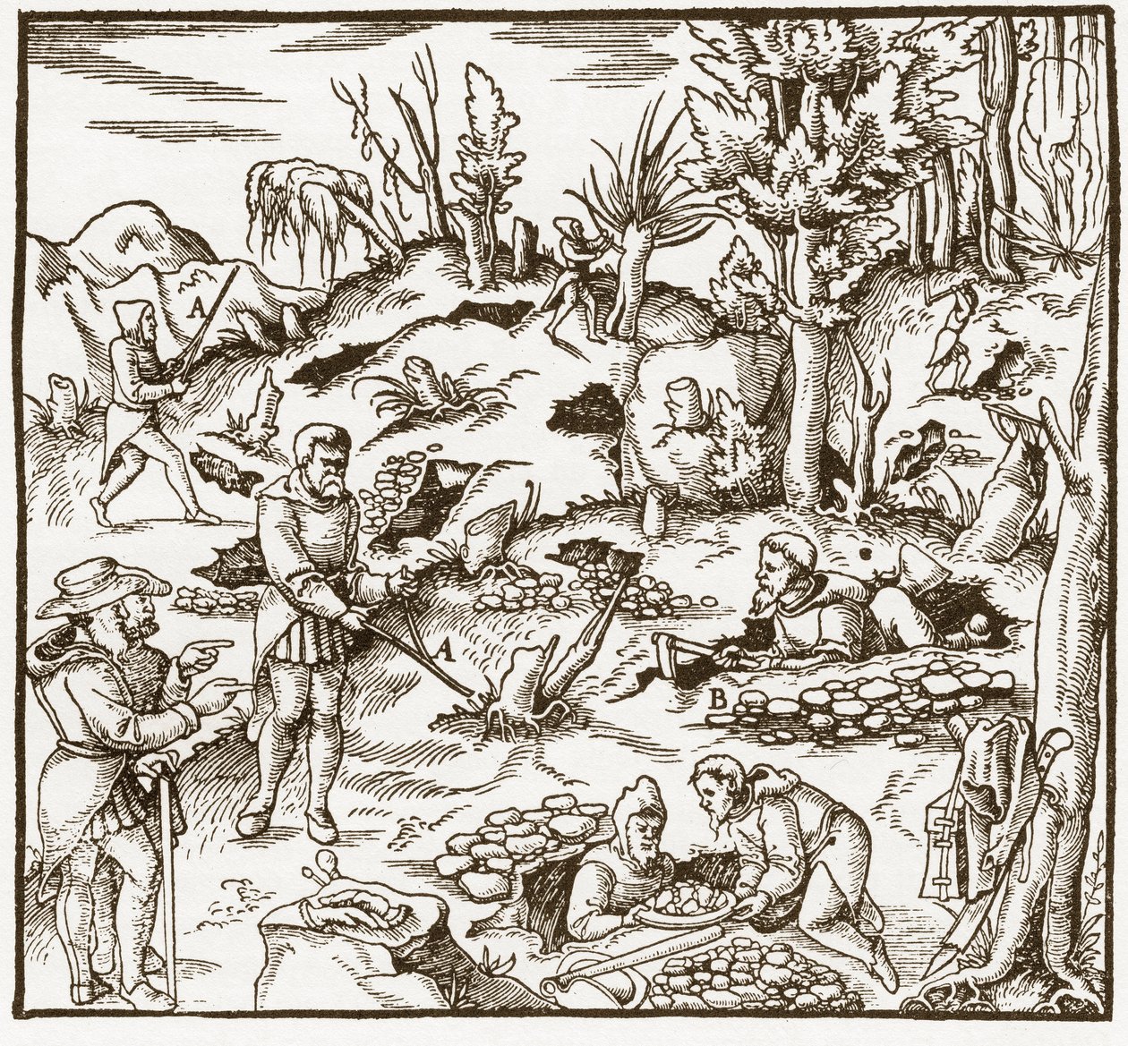Rhabdomantie - Erkundung eines Bergbaugebiets mit der Wünschelrute - Männer schneiden und verwenden Wünschelruten, um Mineralien zu lokalisieren - Aus „De re metallica“ von Georgius Agricola (Georg Bauer), Basel von Unknown artist