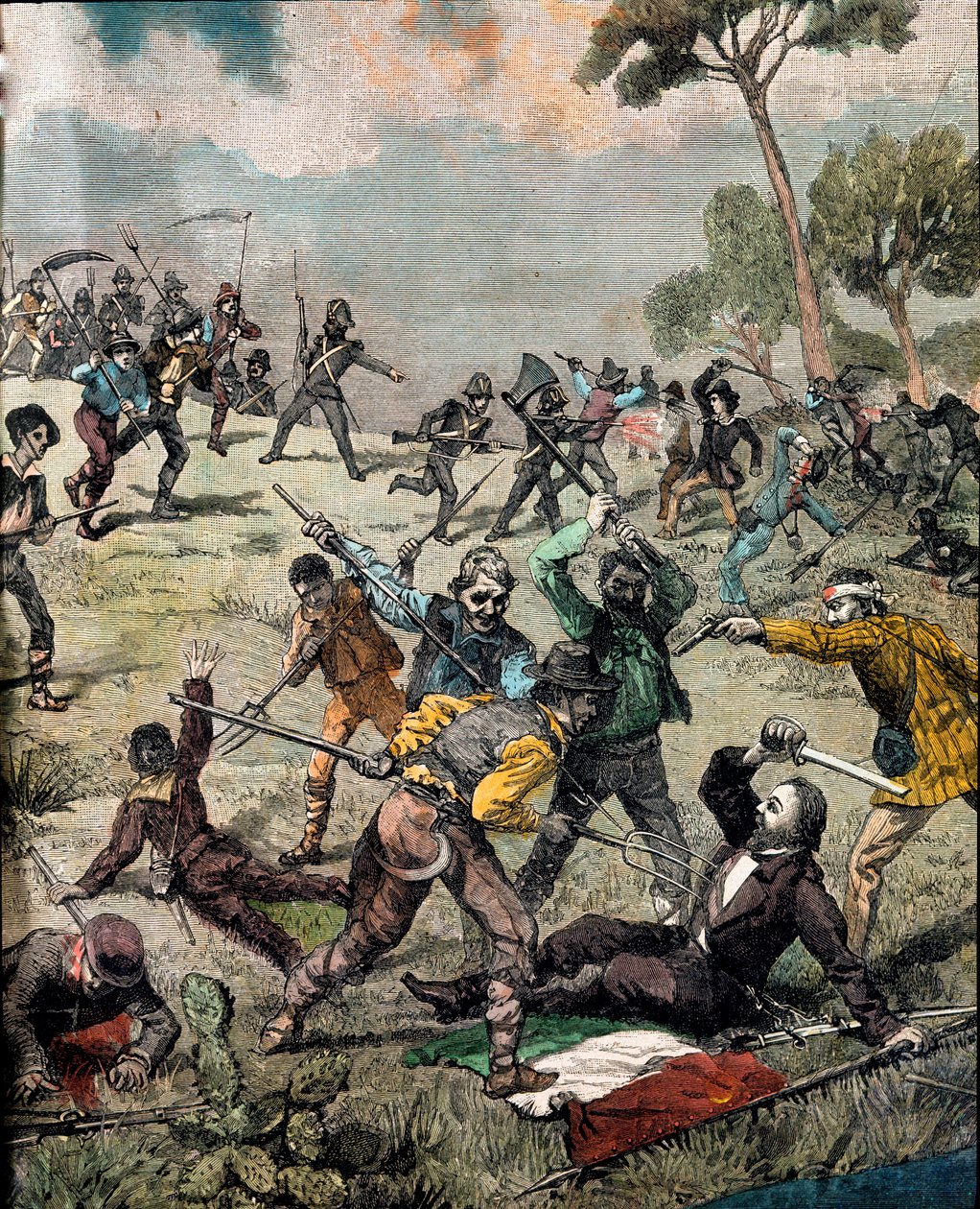 Risorgimento: Der italienische Revolutionär Carlo Pisacane wird am 28.06.1857 von Bauern in Sapri überfallen. Gravur, Privatsammlung von Unknown artist