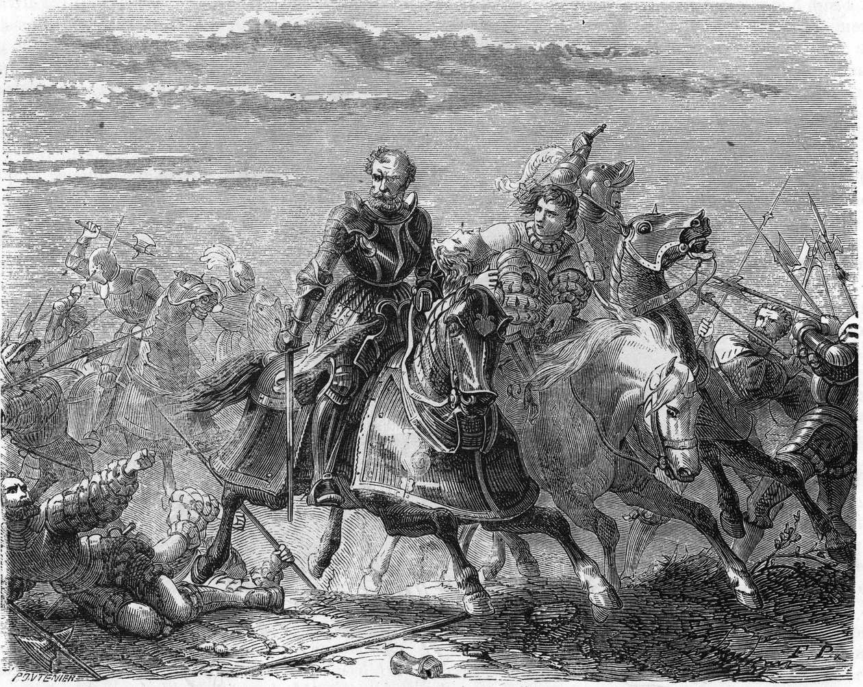 Robert von der Mark der Landsknechte, nimmt den Leichnam seines Sohnes von den Schweizern weg. Gravur des 19. Jahrhunderts von Unknown artist