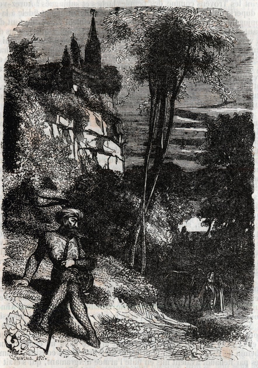 Rodomont, Isabella und der alte Einsiedler - Gravur von 1851 aus „Furious Roland“ (Orlando furioso) (16. Jahrhundert) von Ludovico Ariosto, bekannt als Ariosto - Ausgabe übersetzt aus dem Italienischen von Graf von Tressan und veröffentlicht von Gustave Ha von Unknown artist