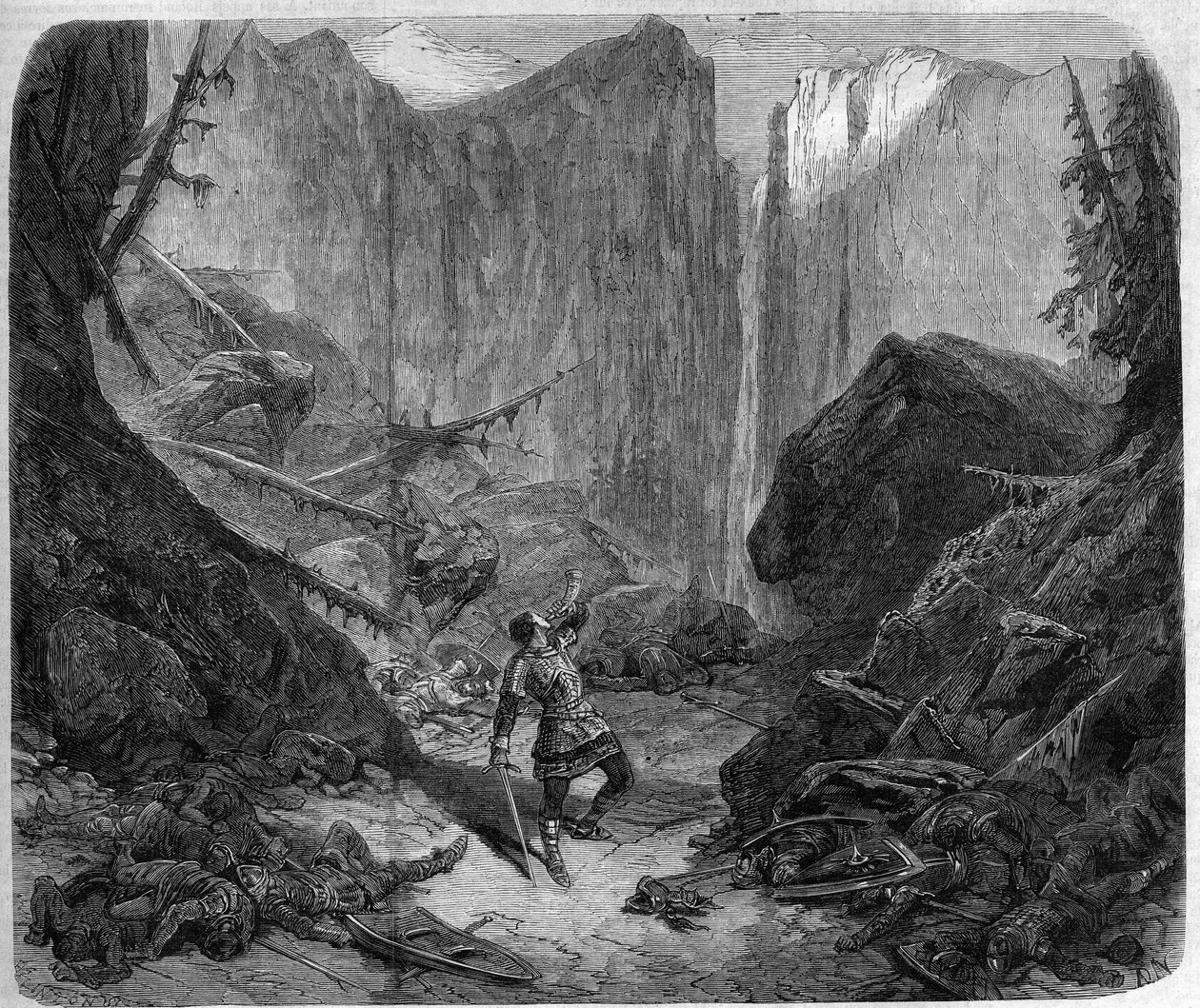 Roland bläst in sein Horn in der Schlacht von Roncesvalles am 15. August 778. Zeichnung von Alphonse de Neuville (1836-1885) für die Oper „Roland à Roncesvaux“ (Akt IV, Szene 1) von Auguste Mermet (1810-1889). Paris, Théâtre impérial de l