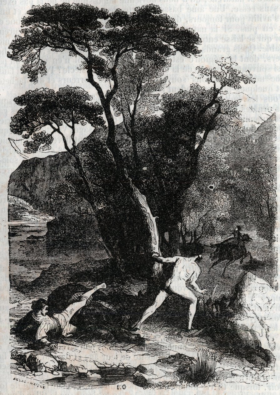 Roland verfolgt Angelique (Angelica) - Gravur von 1851 aus „Roland der Rasende“ (Orlando furioso) (16. Jahrhundert) von Ludovico Ariosto, bekannt als der Ariosta - Ausgabe, übersetzt aus dem Italienischen von Graf von Tressan und veröffentlicht von Gustave von Unknown artist