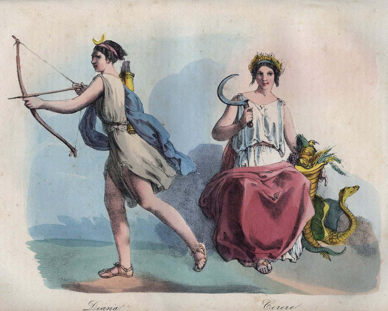 Römische Mythologie - Diana (Diane) die Göttin der Jagd und Ceres die Göttin der Landwirtschaft - Gravur aus „Usi e Costumi di Tutti i Popoli dell