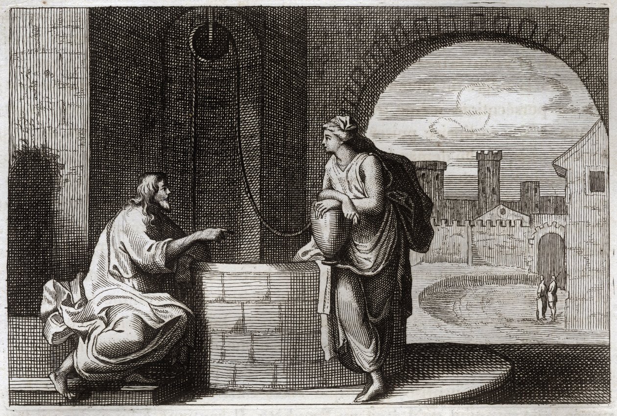 Bibel von Royaumont, Neues Testament: Christus und die Samariterin am Brunnen. Jesus Christus bekehrt eine samaritanische Frau. Illustration von 1811. von Unknown artist