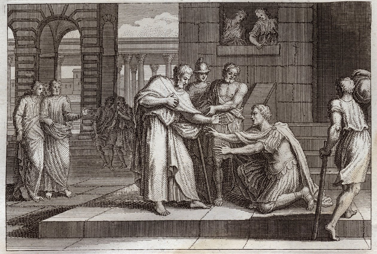 Royaumont-Bibel, Neues Testament: Cornelius tauft. Der Zenturio Cornelius empfängt den Glauben an Jesus Christus und wird von St. Peter getauft. Illustration von 1811. von Unknown artist