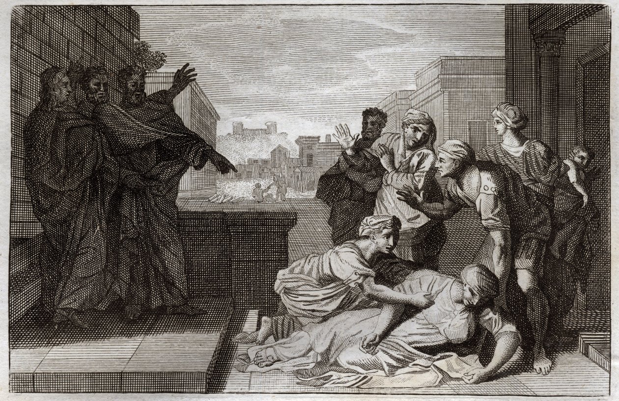 Royaumont-Bibel, Neues Testament: Tod von Ananias und seiner Frau Saphira vor St. Peter und St. John. Illustration von 1811 von Unknown artist