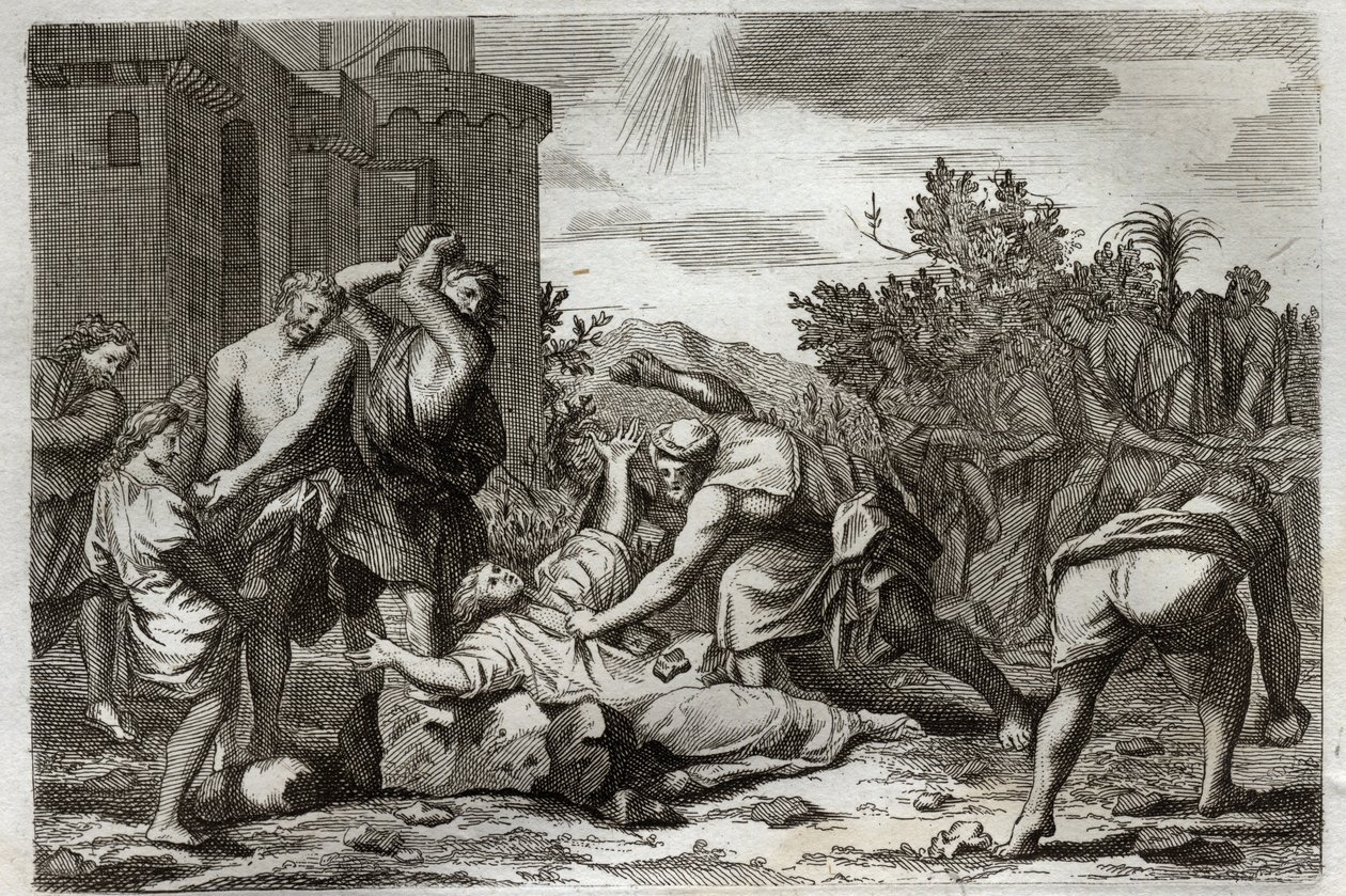 Royaumont-Bibel, Neues Testament: Tod des heiligen Stephanus, erster christlicher Märtyrer, durch Steinigung. Illustration von 1811. von Unknown artist
