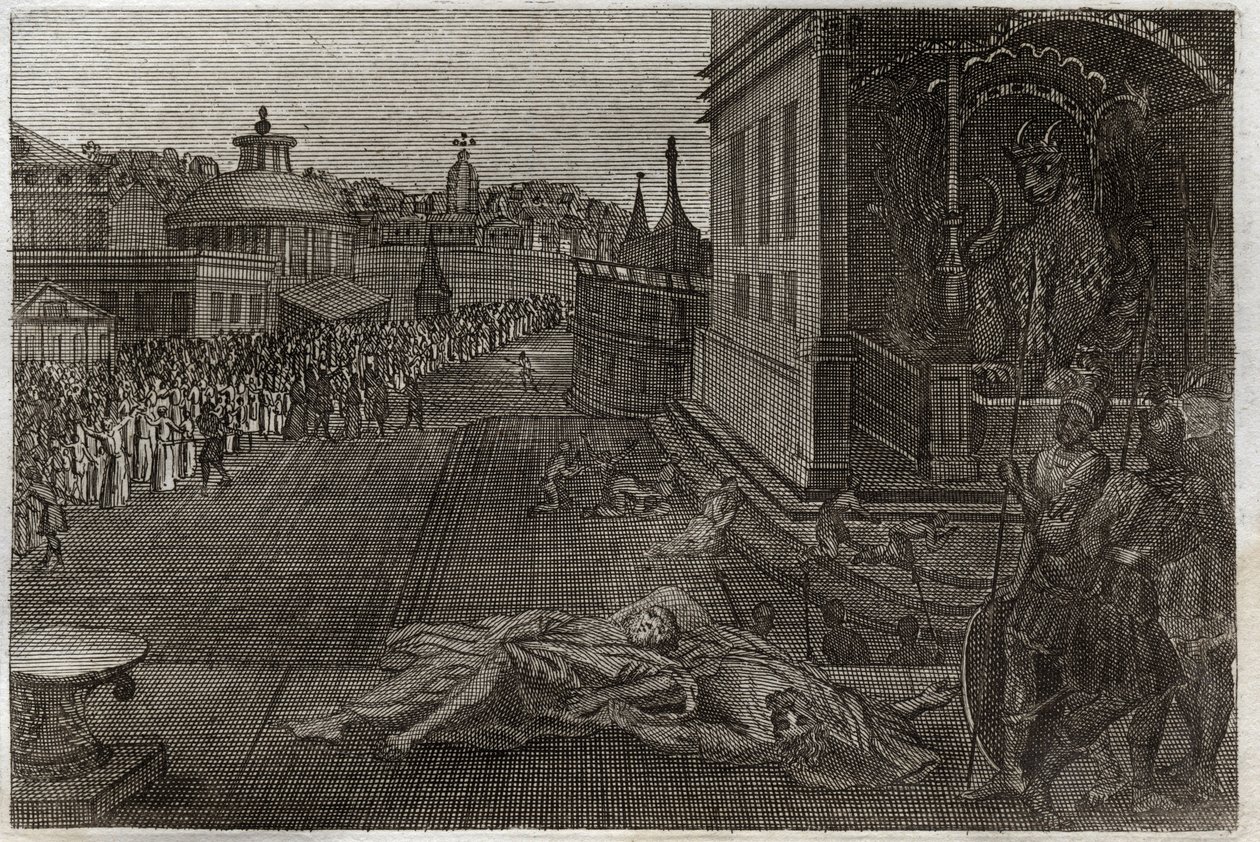 Royaumont-Bibel, Neues Testament: Tod der zwei Propheten. Die Vision des heiligen Johannes von zwei toten Propheten, die dann wieder auferstanden. Siebte Posaune der Offenbarung. Illustration von 1811 von Unknown artist