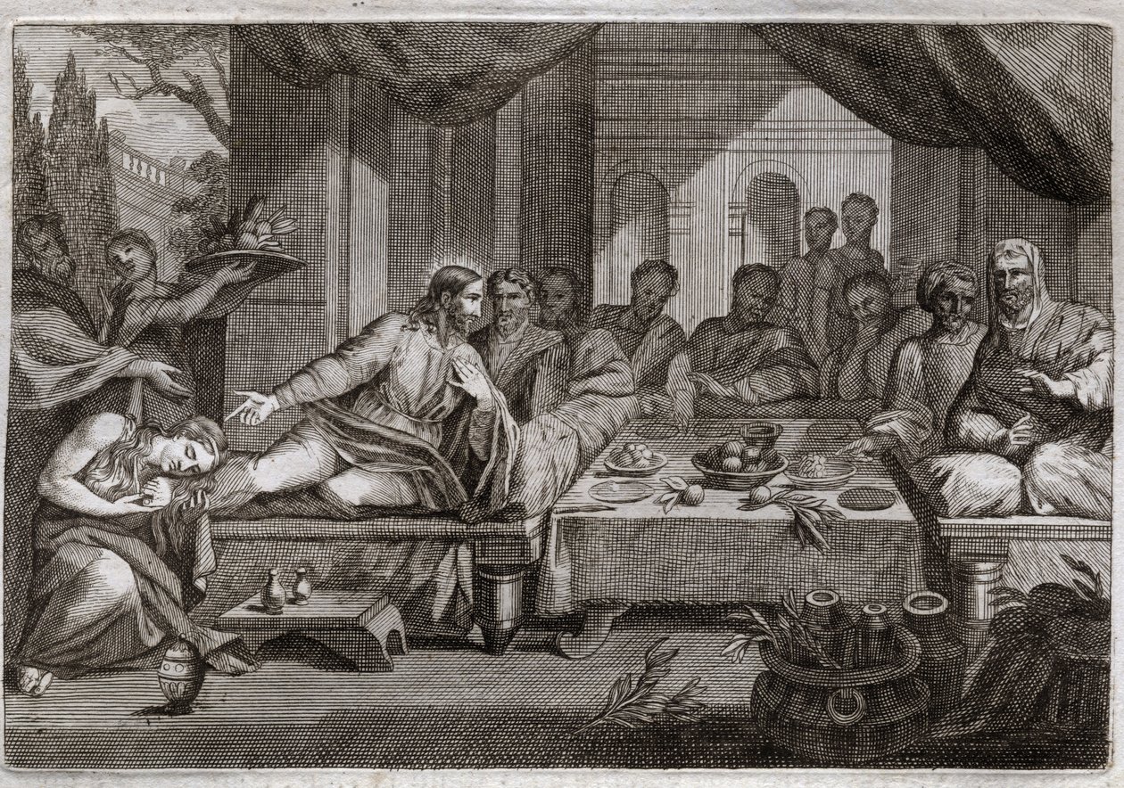 Royaumont-Bibel, Neues Testament: Abendessen bei Simon dem Pharisäer. Maria Magdalena weinte zu den Füßen Jesu Christi bei Simon dem Pharisäer und erhielt die Vergebung ihrer Sünden. Sie salbt Christi Füße mit Salböl und trocknet sie mit ihrem Haar. Illust von Unknown artist