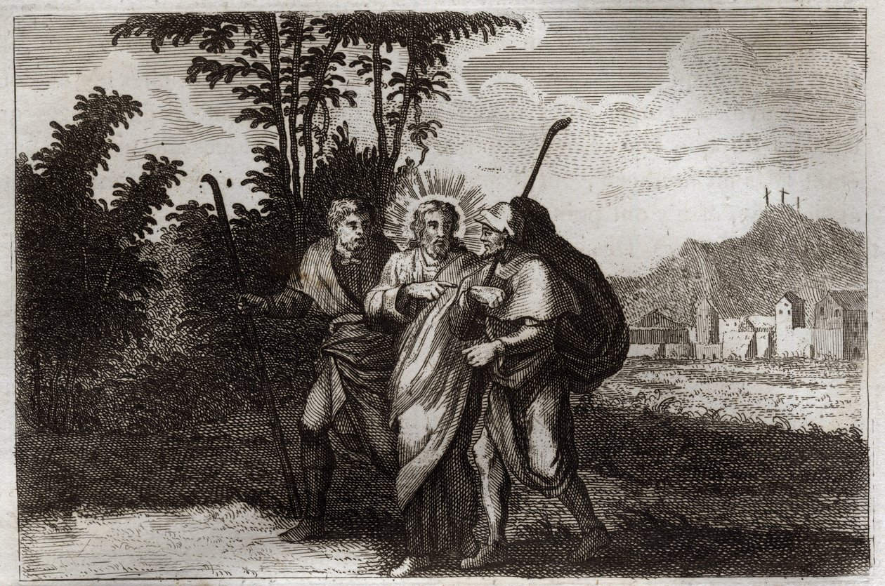 Royaumont-Bibel, Neues Testament: Jünger von Emmaus. Die beiden Jünger von Emmaus treffen den auferstandenen Christus. Illustration von 1811. von Unknown artist
