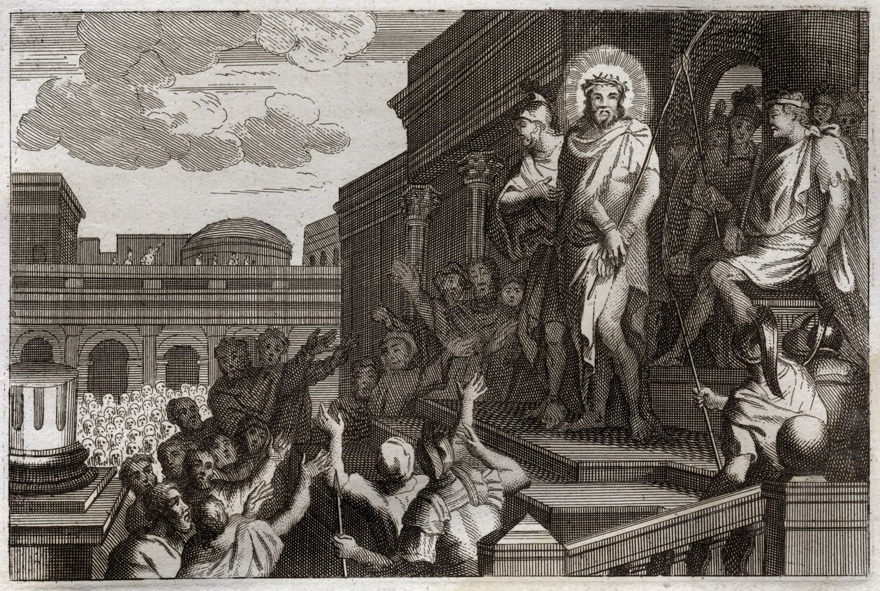 Royaumont-Bibel, Neues Testament: Ecce homo. Pontius Pilatus (Pontius Pilatius) präsentiert Jesus Christus mit Dornenkrone der Menge und sagt: „Hier ist der Mensch“. Illustration von 1811. von Unknown artist