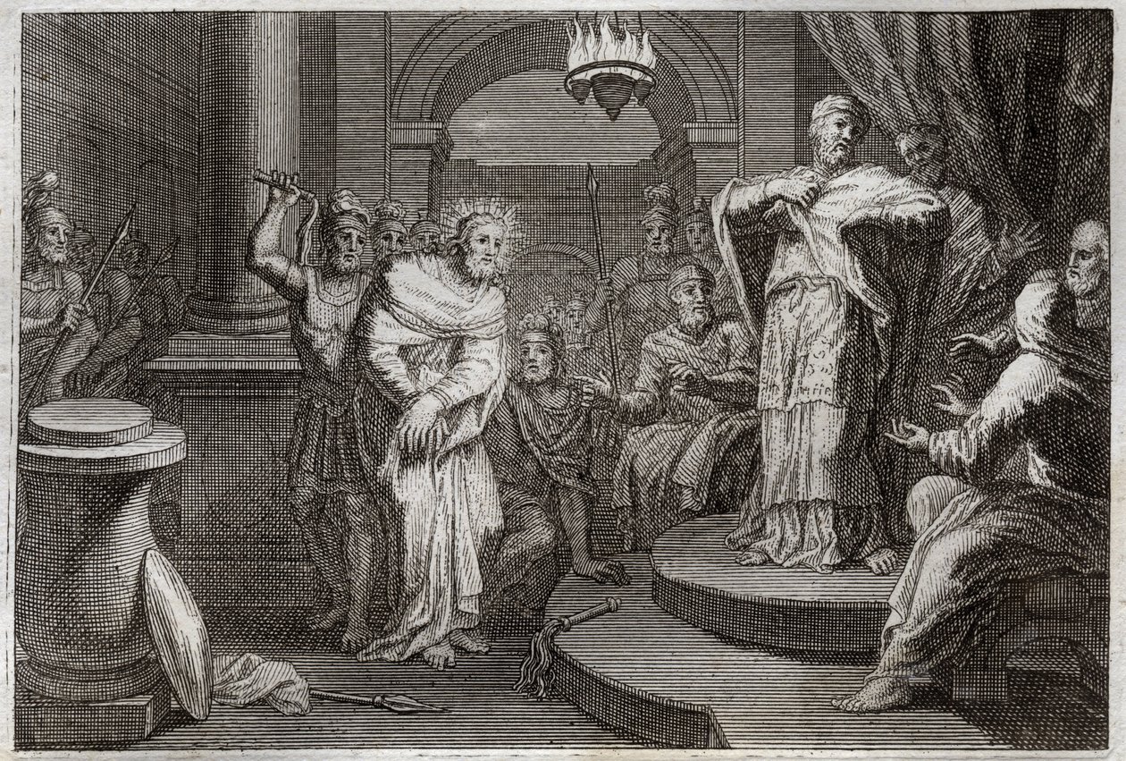 Royaumont-Bibel, Neues Testament: Jesus Christus vor Kaiphas und Anan (Hanan oder Anne oder Hanne). Illustration von 1811. von Unknown artist