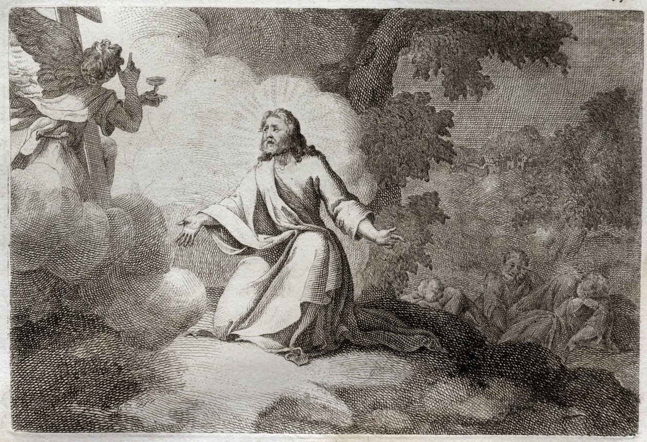 Royaumont-Bibel, Neues Testament: Jesus Christus im Garten (Gebet am Ölberg). Ein Engel mit einem Kelch erscheint Jesus. Die Apostel St. Peter, St. Johannes und St. Jakobus schlafen. Illustration von 1811. von Unknown artist