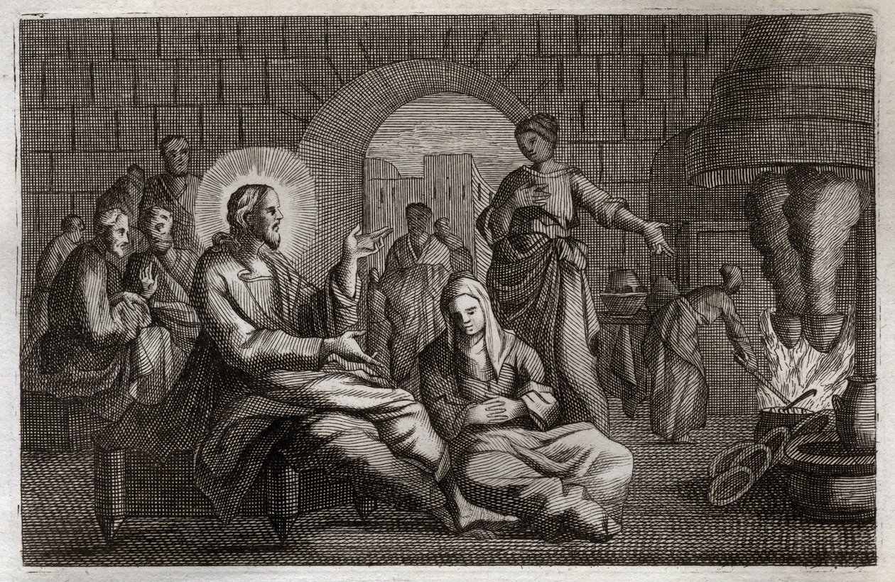 Bibel von Royaumont, Neues Testament: Martha und Maria. Jesus Christus betritt das Haus von Martha, die sich beeilt, ihn zu empfangen, während ihre Schwester Maria von Bethanien seinem Wort lauscht. Illustration von 1811. von Unknown artist