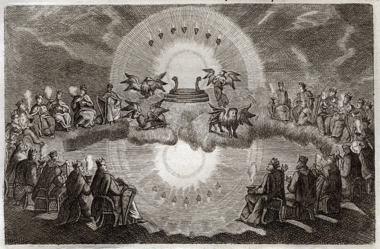 Royaumont-Bibel, Neues Testament: Offener Himmel. Ein Thron erscheint umgeben von einem Löwen, einem Ochsen, einem Menschen und einem Adler (Tetramorph) und sieben Lampen. Vierundzwanzig alte Menschen sitzen auf Thronen und umgeben diese Vision. Illustrati von Unknown artist