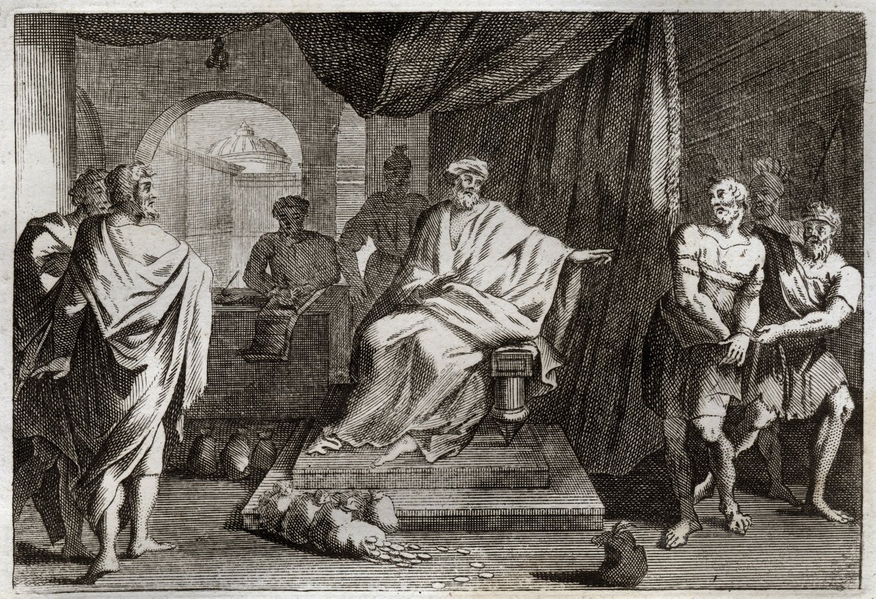 Royaumont-Bibel, Neues Testament: Gleichnis von den Talenten. Ein Herr bestraft einen seiner Diener, der das ihm gegebene Geld versteckt hat. Illustration von 1811. von Unknown artist