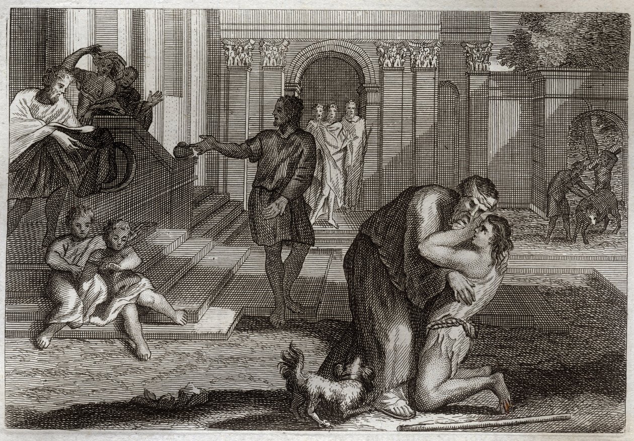 Royaumont-Bibel, Neues Testament: Gleichnis vom verlorenen Sohn. Der Sohn kehrt nach Hause zurück, nachdem er all sein Hab und Gut verloren hat. Er kommt, um seinen Vater um Vergebung zu bitten. Illustration von 1811 von Unknown artist