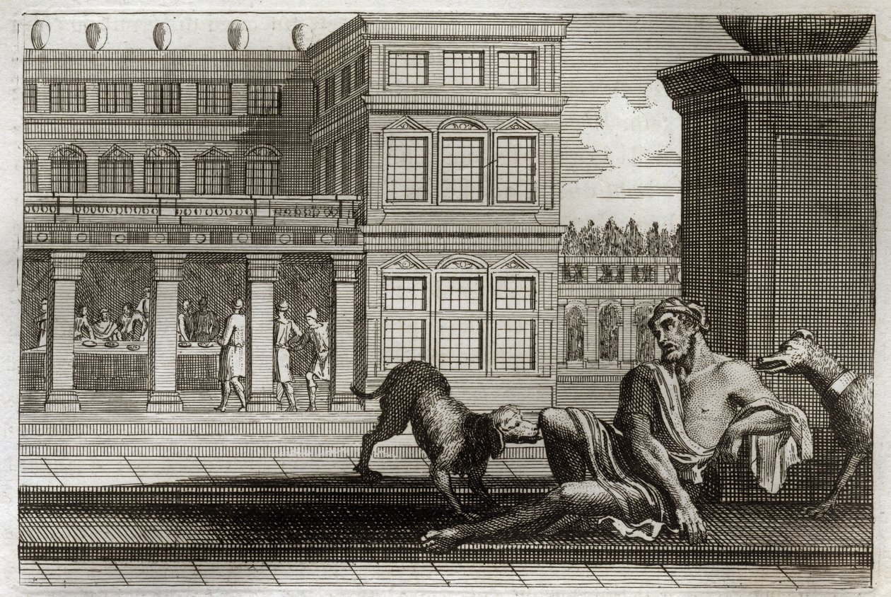 Royaumont-Bibel, Neues Testament: Gleichnis vom reichen Mann und dem armen Lazarus. Der reiche Mann sitzt am Tisch im Hintergrund, während die Hunde des Reichen die Wunden des Bettlers Lazarus lecken. Illustration von 1811 von Unknown artist