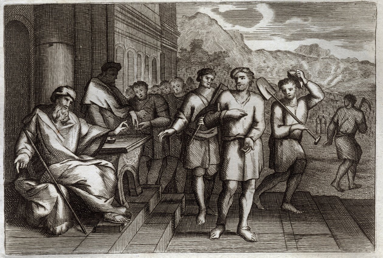 Royaumont-Bibel, Neues Testament: Gleichnis von den Arbeitern im Weinberg. Arbeiter, die der Familienvater in seinen Weinberg schickt. Illustration von 1811. von Unknown artist