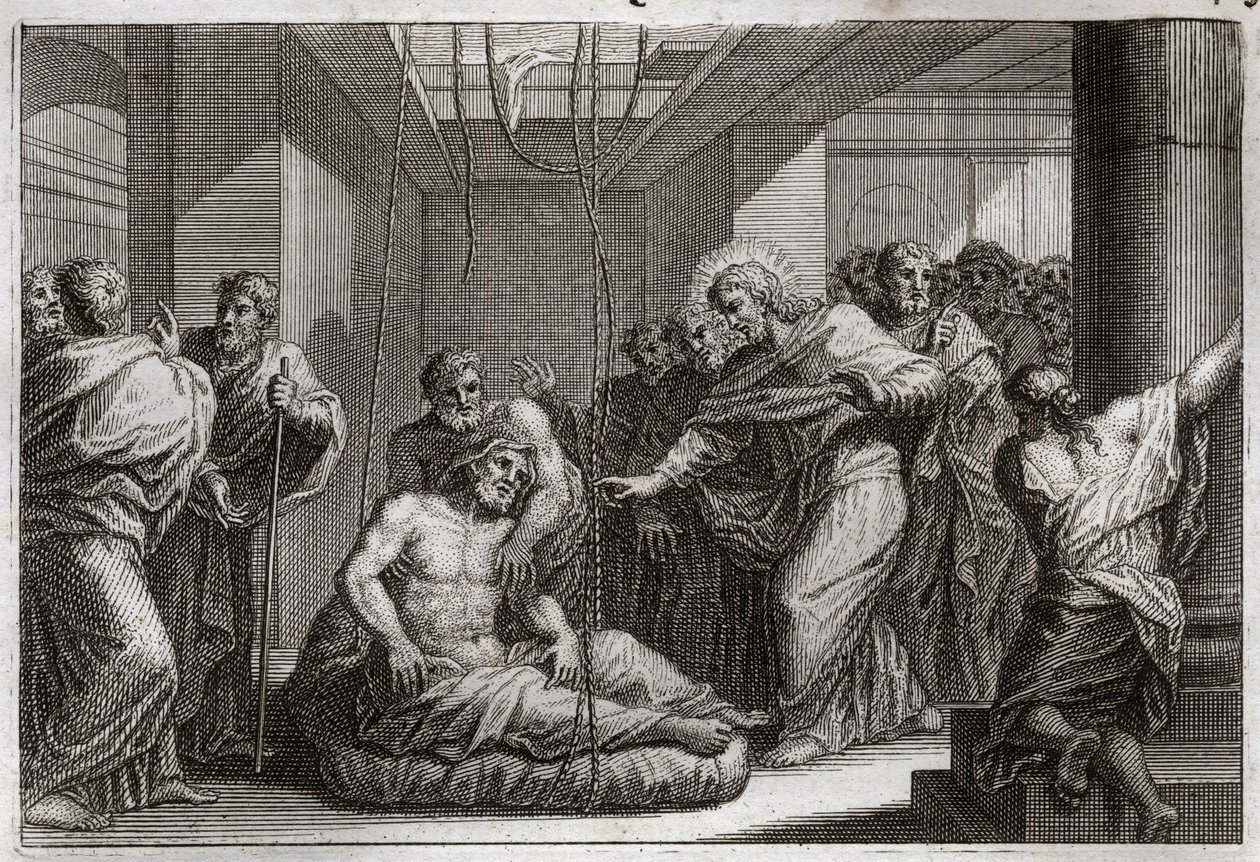 Bibel von Royaumont, Neues Testament: Der Gelähmte. Jesus Christus ruft den Heiligen Matthäus und heilt einen Gelähmten in Kafarnaum. Illustration von 1811. von Unknown artist