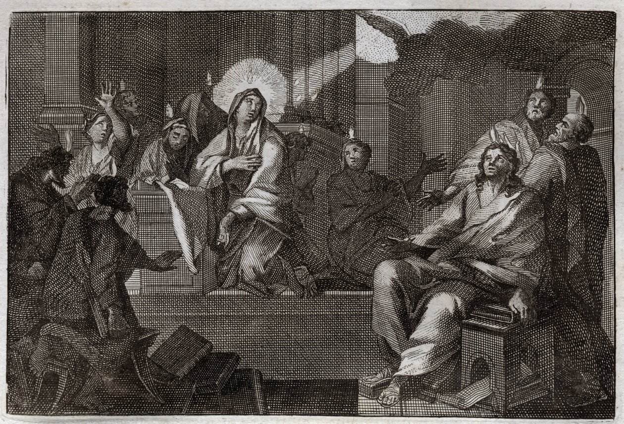 Royaumont-Bibel, Neues Testament: Pfingsten. Der Heilige Geist kommt auf die Jungfrau Maria und die Apostel herab. Illustration von 1811. von Unknown artist