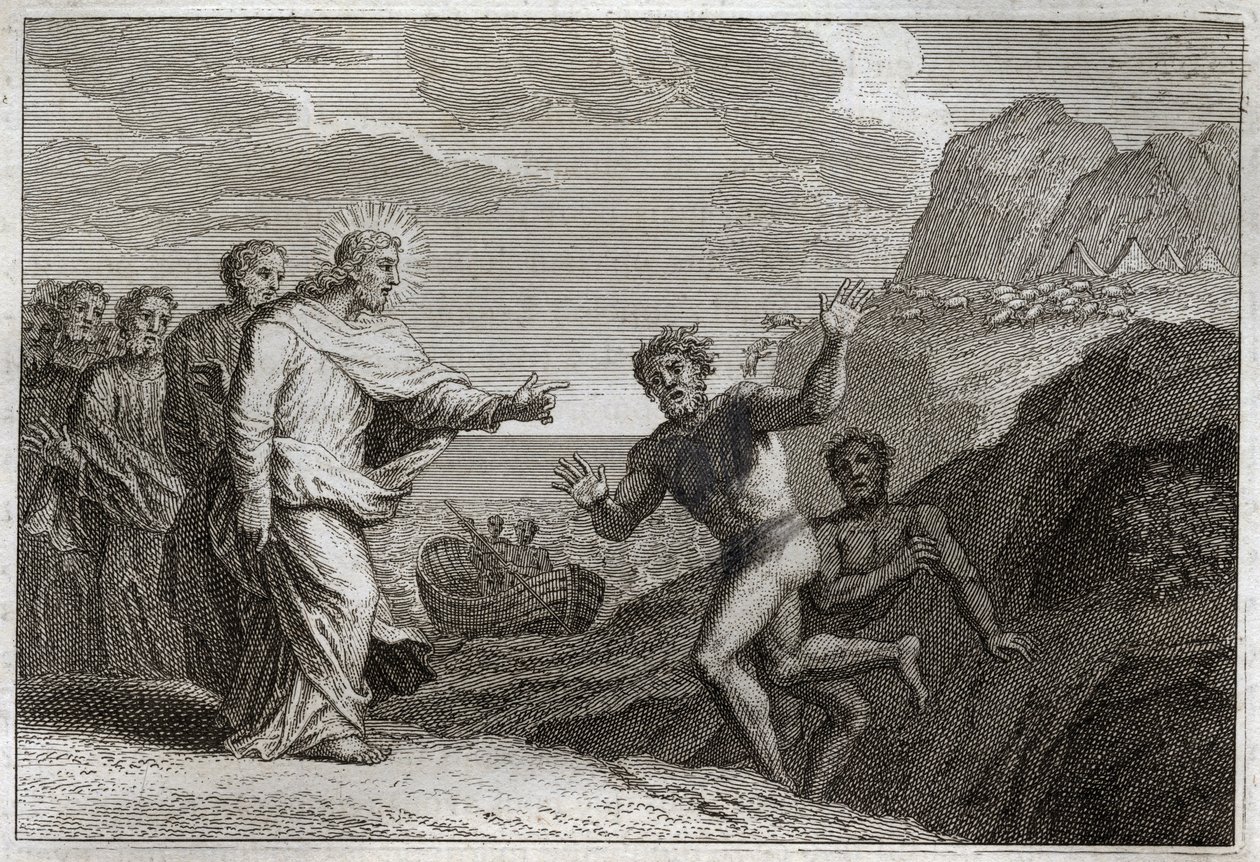 Royaumont-Bibel, Neues Testament: Besessener geheilt. Jesus Christus heilte einen Besessenen, den der Dämon wütend gemacht hatte. Illustration von 1811. von Unknown artist