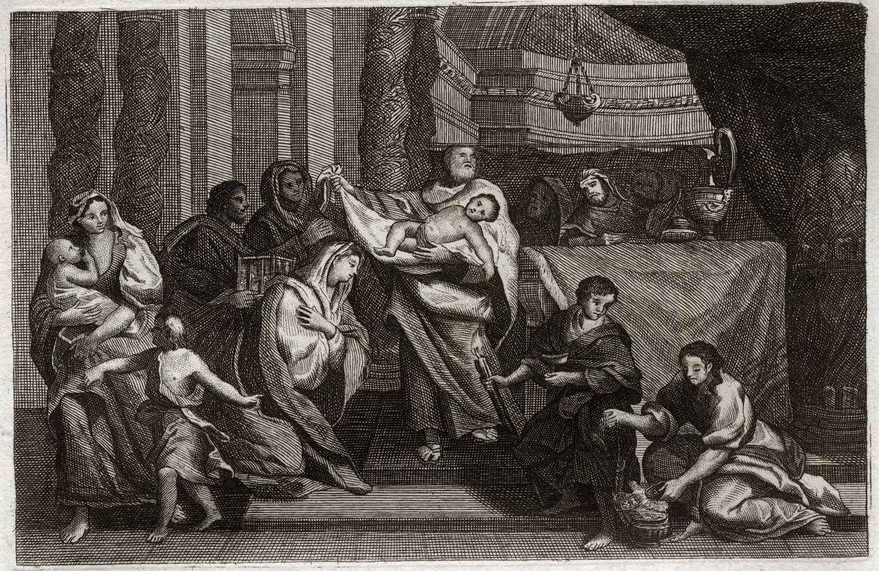 Royaumont-Bibel, Neues Testament: Reinigung der Jungfrau oder Darstellung im Tempel. Die Heilige Familie bietet Jesus Christus dem Tempel an und übergibt ihn Symeon. Eine Frau hält zwei Tauben in einem Korb. Illustration von 1811. von Unknown artist