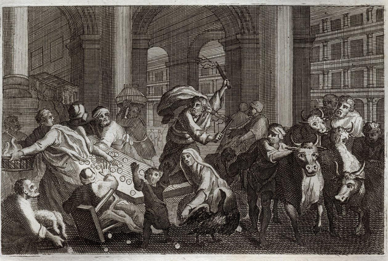 Royaumont-Bibel, Neues Testament: Vertreibung der Händler aus dem Tempel. Jesus Christus vertreibt aus dem Tempel diejenigen, die ihn durch den Handel dort entweiht haben. Illustration von 1811 von Unknown artist
